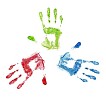 Three different coloured handprints on a white background