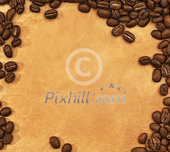 Coffee beans making a frame on a brown paper