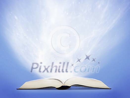 Book on a blue background with mist coming out of it