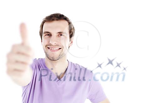 20-30 year old man showing thumbs up, focus on face
