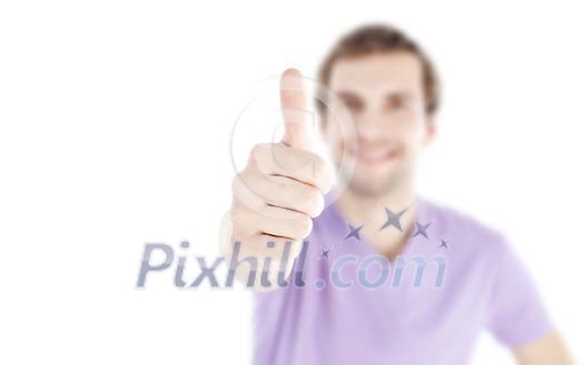 20-30 year old man showing thumbs up, focus on thumb