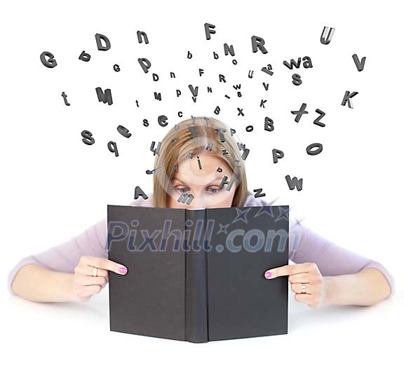 Woman reading a book and letters are flying off of it
