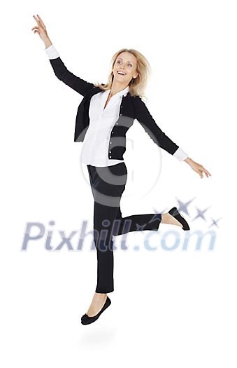 Clipped businesswoman jumping in the air