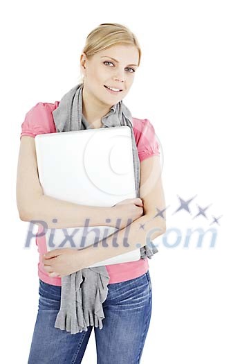 Clipped woman holding a closed laptop