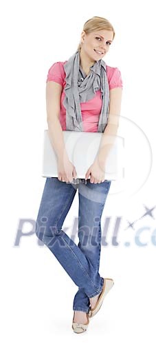 Clipped woman standing with a computer