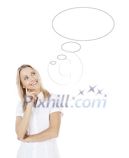 Woman on white with an empty thinking bubble