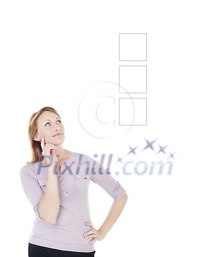 Woman thinking between different choices Woman thinking between different choices