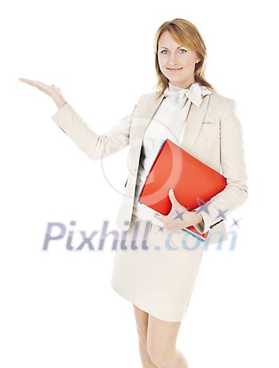 Businesswoman presenting something on her right Businesswoman presenting something on her right
