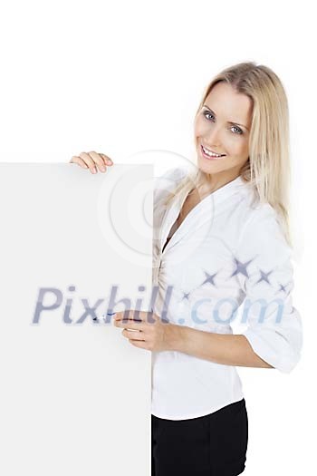 Beautiful woman giving a presentation with an empty sign in hand