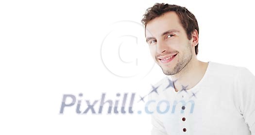 20-30 year old man smiling, hand made clipping path included