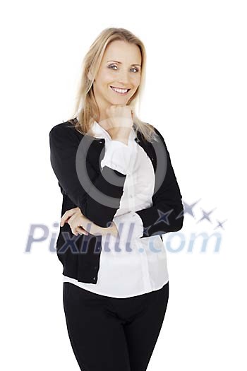 Smiling woman isolated on white with hand made clipping path