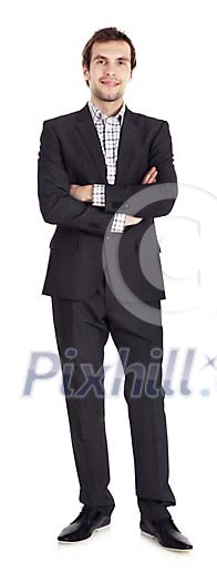 Slef confident businessman looking at camera, hand made clipping path included