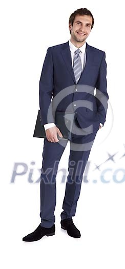 Sympatethic businessman smiling to camera, hand made clipping path included