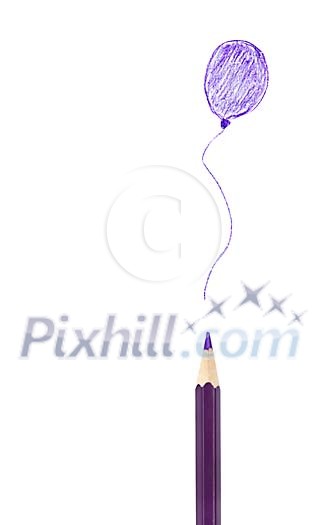 Violet balloon on a white paper with a pencil Violet balloon on a white paper with a pencil