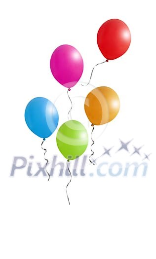 Five balloons hovering in a white background
