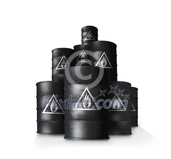 Black barrels with warning signs Black barrels with warning signs