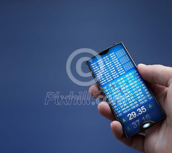 Hand holding a phone with lots of numbers showing on the screen