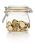Clipped jar with euro coins in it