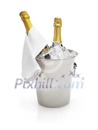 Two bottles of champagne in the cooler with ice Two bottles of champagne in the cooler with ice