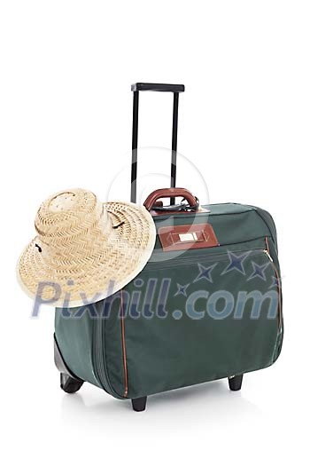 Clipped suitcase with a straw hat