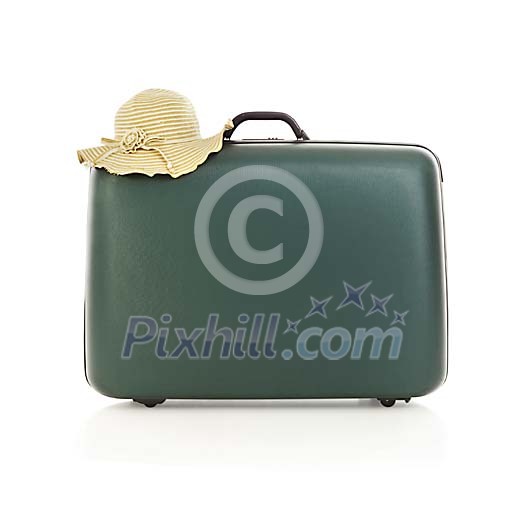 Clipped green suitcase with a straw hat