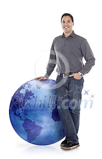 Clipped man leaning on the blue globe