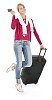 Clipped happy woman with a suitcase and a passport