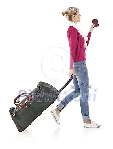 Clipped woman walking with a suitcase and a passport Clipped woman walking with a suitcase and a passport