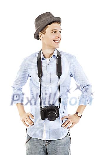 Clipped man with a photo camera