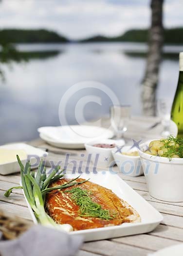 Summery dinner table setted by the lake