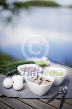 Food on the table by the lake Food on the table by the lake
