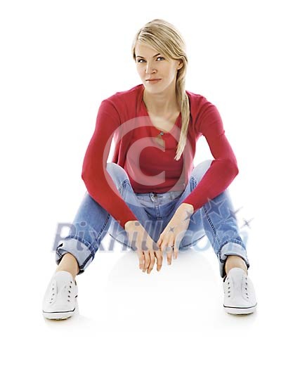 Clipped woman sitting on the floor