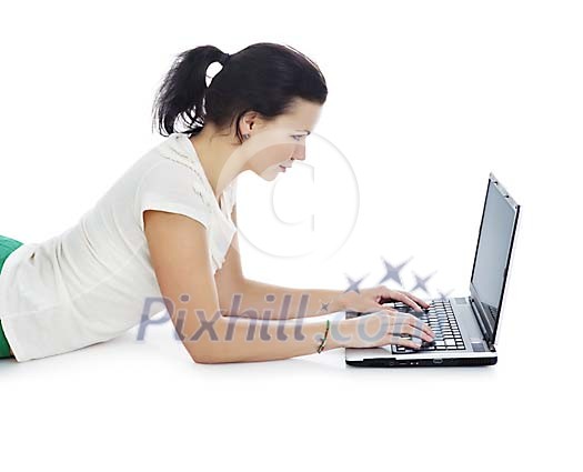 Clipped woman with a laptop on the floor