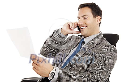 Isolated businessman with a phone and paper