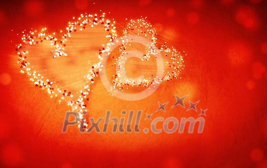 Two lighted hearts on a red background