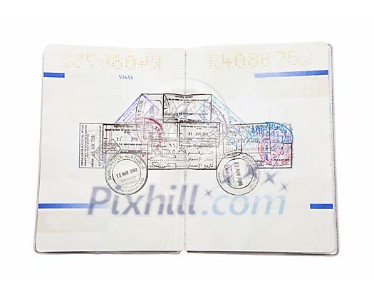 Isolated passport with stamps forming a car