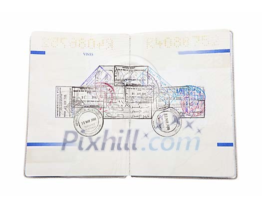 Isolated passport with stamps forming a car Isolated passport with stamps forming a car