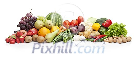 Isolated group of berries, fruits and vegetables