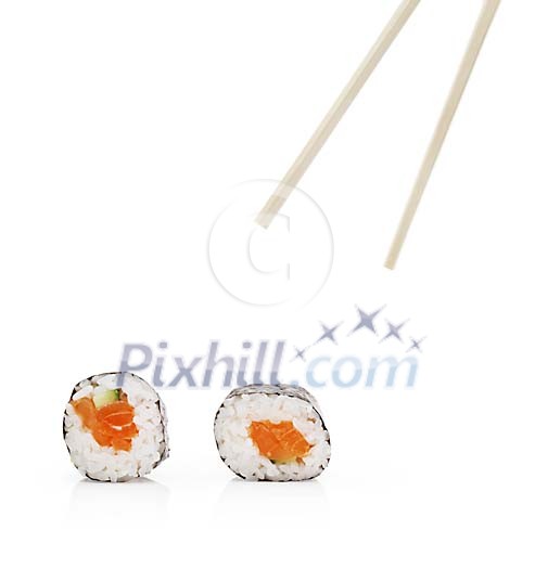 Isolated sushi pieces with chopsticks Isolated sushi pieces with chopsticks