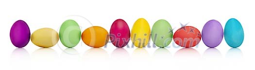 Row of colourfull eggs with hand made clipping path