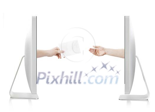 Isolated screens with hands coming out of them delivering a letter
