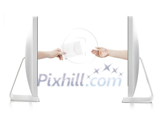 Isolated screens with hands coming out of them delivering a letter Isolated screens with hands coming out of them delivering a letter