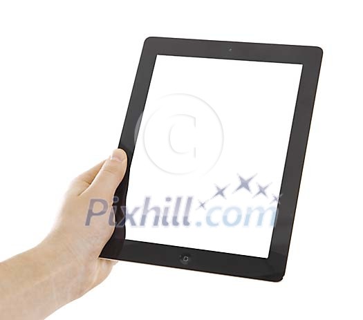 Isolated hand holding a tablet computer