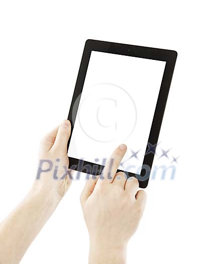 Isolated hand holding a tablet computer