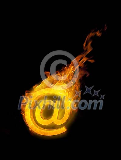 Flaming at sign on a black background