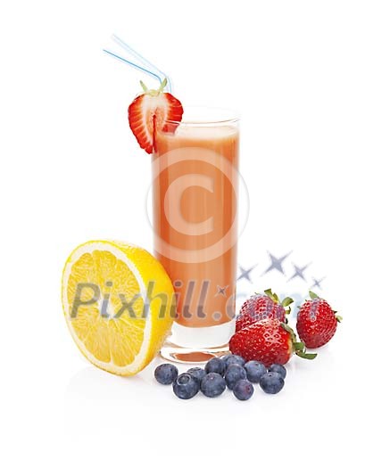 Isolated smoothie with orange, blueberries and strawberries