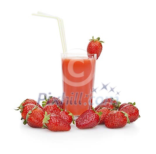 Isolated glass of strawberry smoothie with strawberries Isolated glass of strawberry smoothie with strawberries