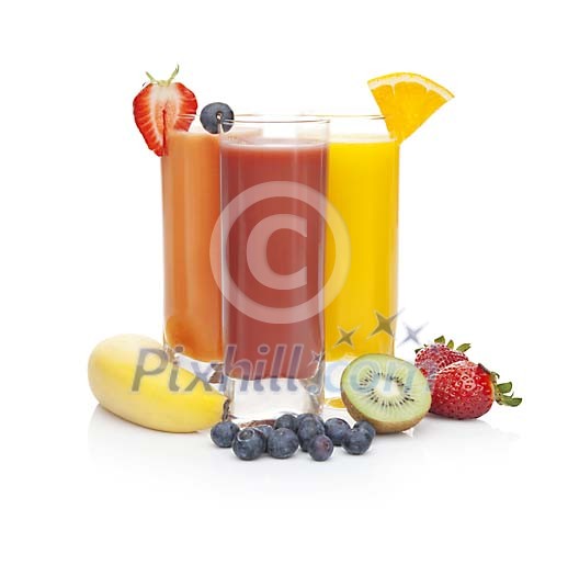 Isolated three glasses of different smoothies