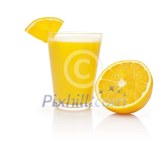 Isolated glass of orange smoothie with a half of orange