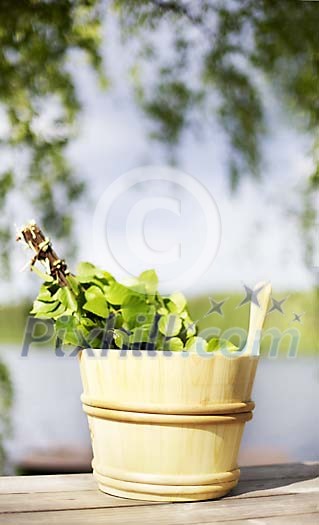 Sauna bucket and birch branches on a sunlight